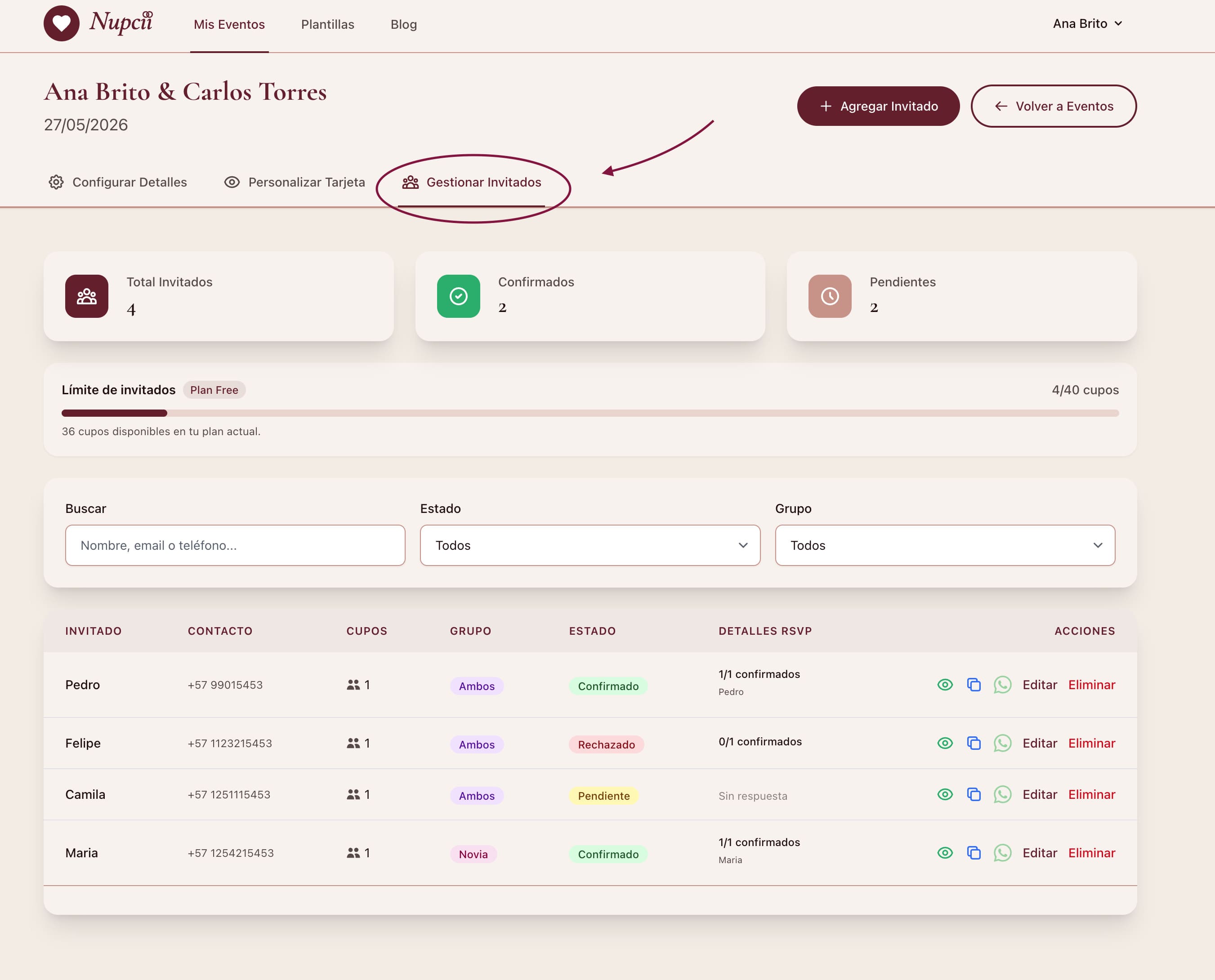 Panel de invitados en Nupcii
