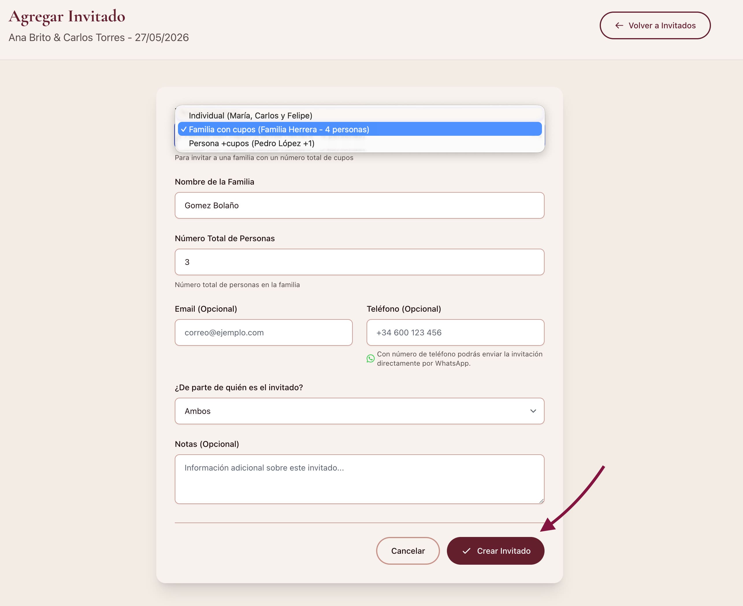 Tipos de invitación en Nupcii