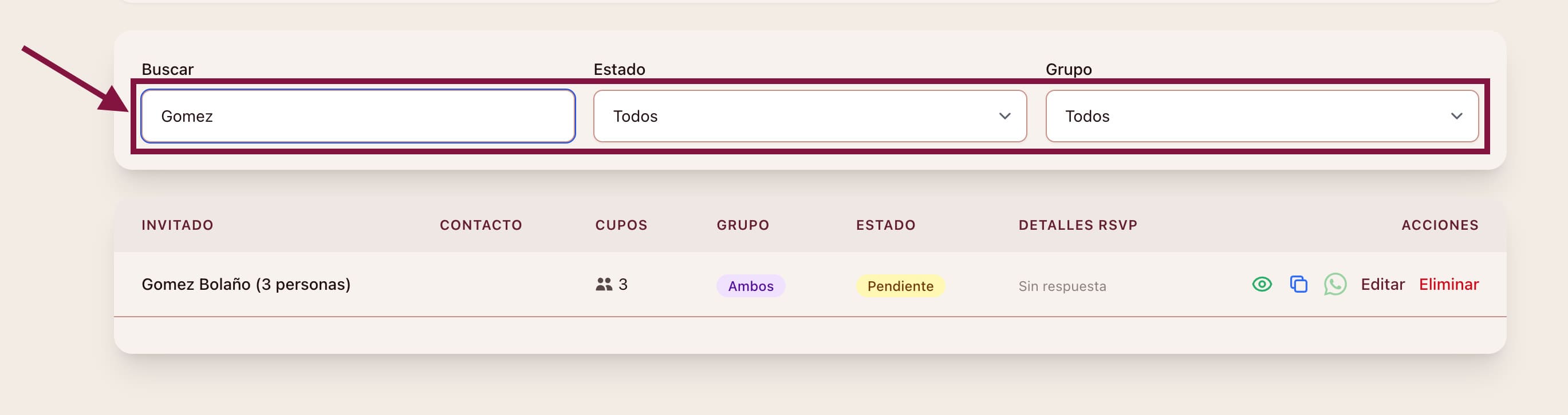 Filtros de invitados en Nupcii