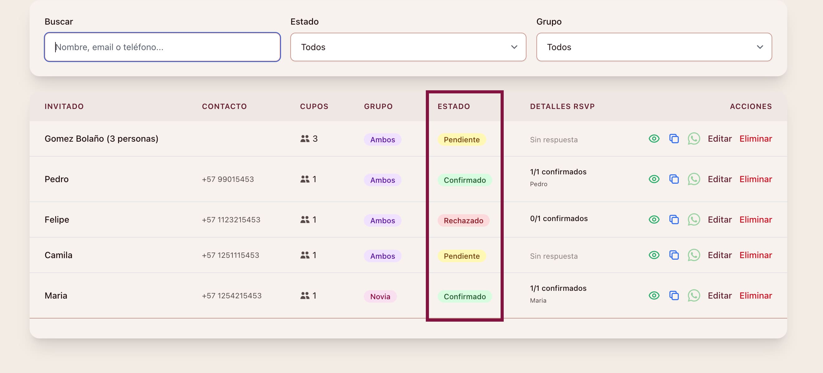 Estados de confirmación en Nupcii