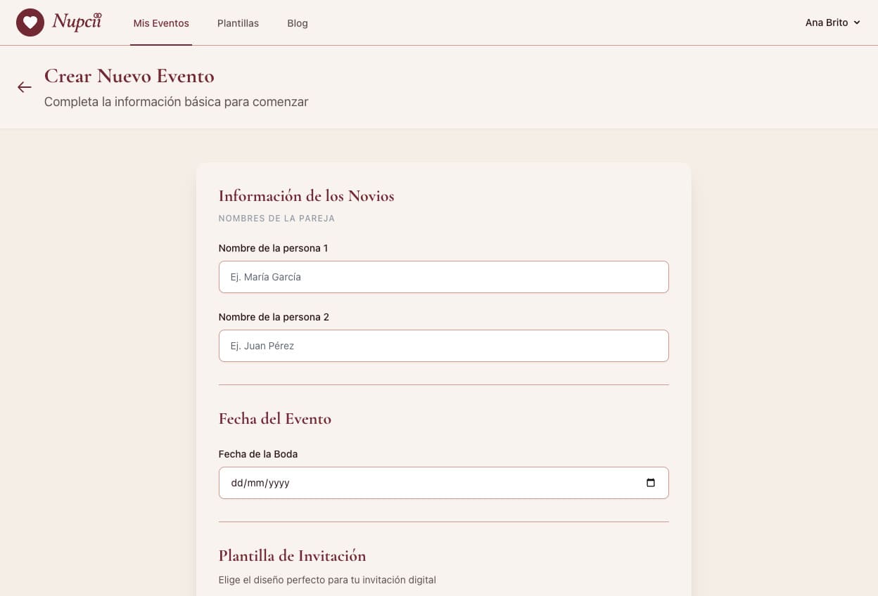 Crear evento en Nupcii