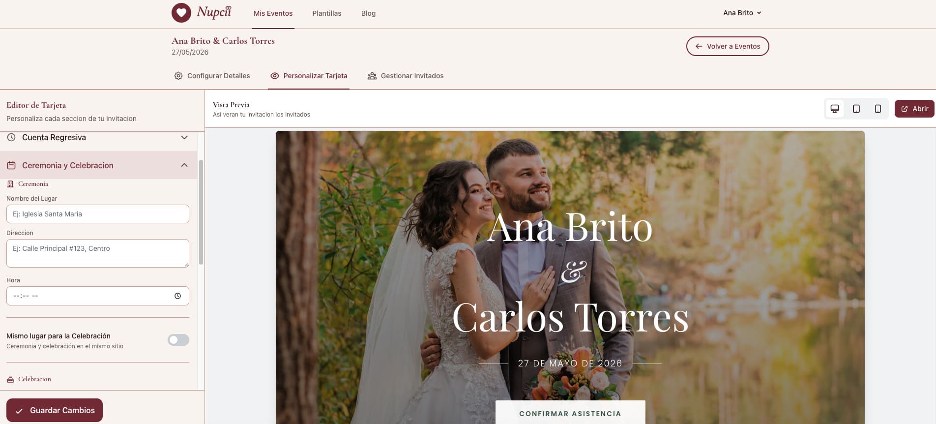 editor de personalización con plantilla activa